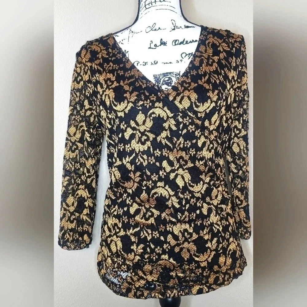 Coldwater Creek Womens Sz Small Gold Black Lace Overlay Floral Surplice Blouse
